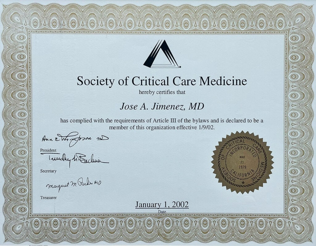 Critical care medicine certification by Society of Critical Care Medicine, awarded to Jose A. Jimenez, MD, on January 1, 2002, recognizing expertise in intensive patient care.