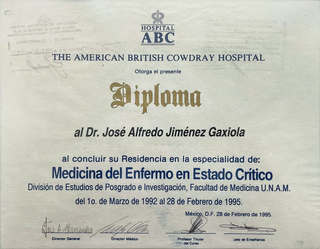Diploma for residency completion in Infectious Disease Medicine at U.N.A.M.