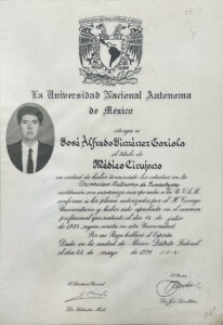 Official diploma certifying José Alfredo Jiménez Toxico as a Medical Surgeon, issued on July 16, 1991, confirming completion of medical studies and professional qualification at the university.
