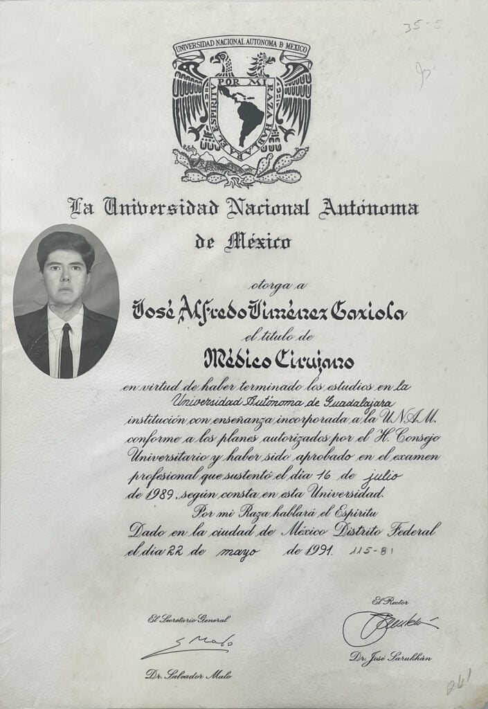 Official diploma certifying José Alfredo Jiménez Toxico as a Medical Surgeon, issued on July 16, 1991, confirming completion of medical studies and professional qualification at the university.