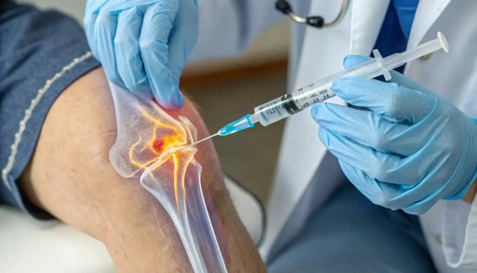 An injection being administered to a patient's knee for joint pain relief or treatment, with a focus on medical care and health improvement.