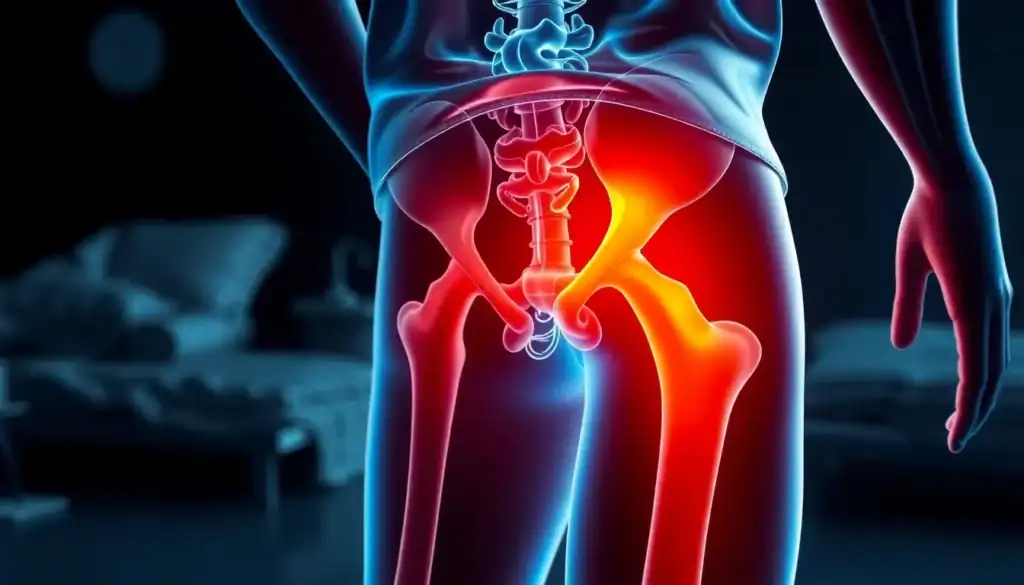 Chronic hip pain relief treatment illustration highlighting hip joint inflammation and discomfort.