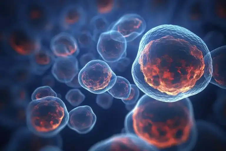 A detailed microscopic view of human cells, highlighting cellular structures and biological processes related to health and wellness.