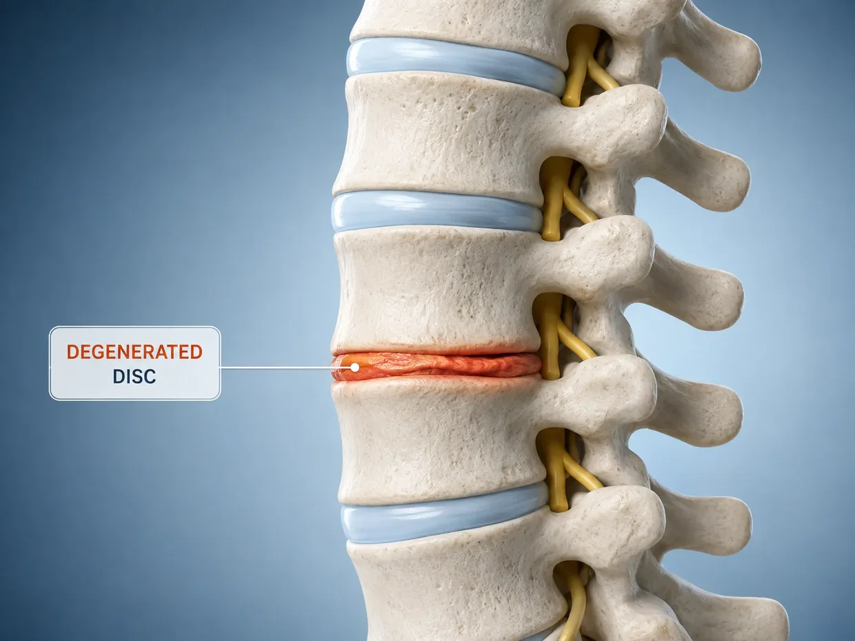 Medical illustration of the lumbar spine with one degenerated intervertebral disc highlighted in red between two vertebrae