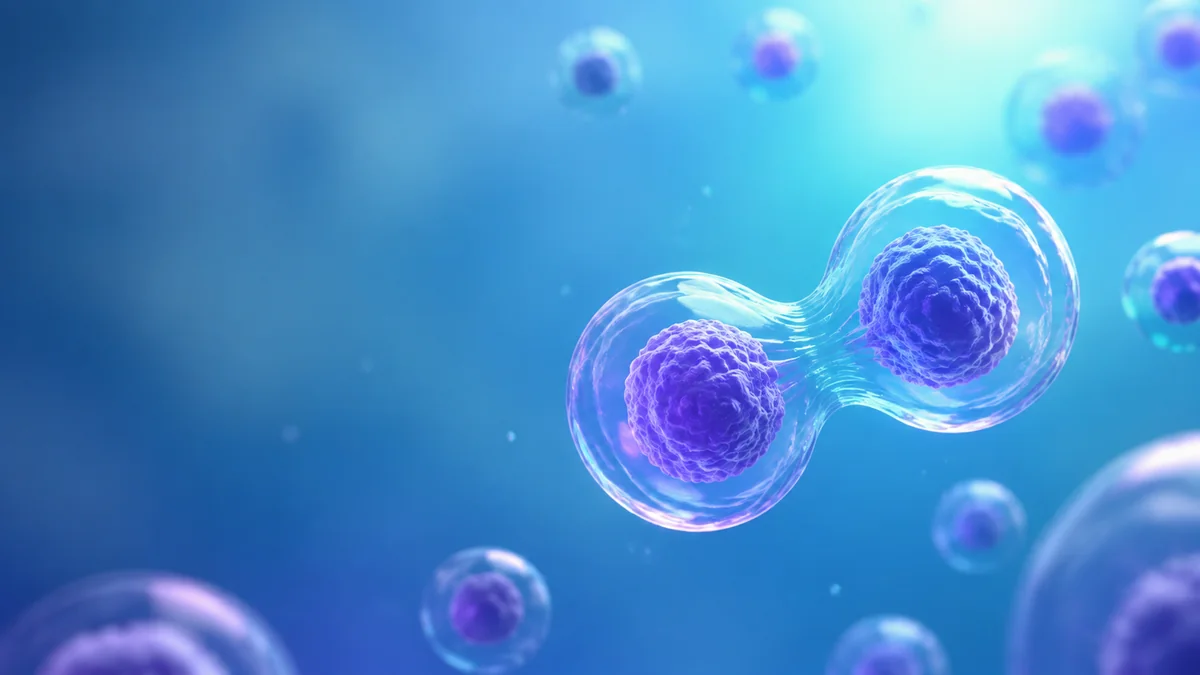 Mesenchymal stem cells dividing, rendered against a dark background